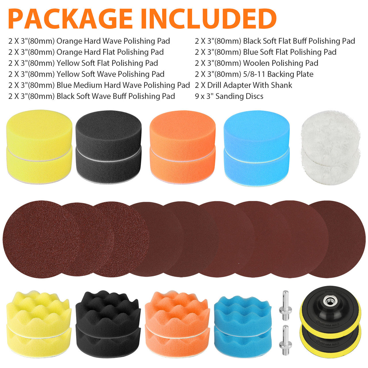 31Pcs 3 Inch Car Polishing & Buffing Sponge Pads Kit, Wool Bonnet Sponge Pad for Household Electric Drill and Auto Polisher with M14 Drill Adapter for Washing Cleaning Waxing Dusting Sealing Glaze