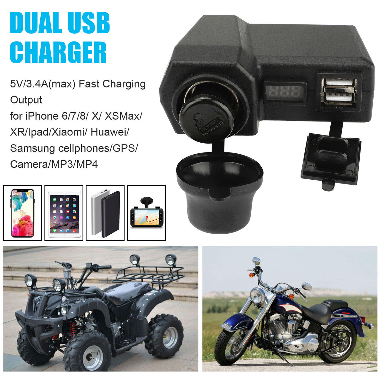 Motorcycle Dual USB Charger Socket w/ Cigarette Lighter Voltmeter Display, 5V/3.4A Motorcycle SAE to USB Adapter Charger for Phone/Tablets, Waterproof, for 12-24V Motorcycle Electric Car