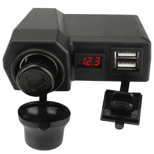 Motorcycle Dual USB Charger Socket w/ Cigarette Lighter Voltmeter Display, 5V/3.4A Motorcycle SAE to USB Adapter Charger for Phone/Tablets, Waterproof, for 12-24V Motorcycle Electric Car