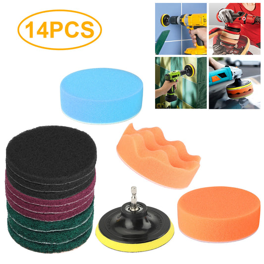 14Pcs Drill Polishing Buffing Pad Kit, 4 Inch Car Foam Drill Polish Scouring Pads Power Scrubber Brush Scrub Pads Sponge Polisher, 1/4" Drill Scrub Sponge Pads for Kitchen Tiles Sinks Bathtub Floor