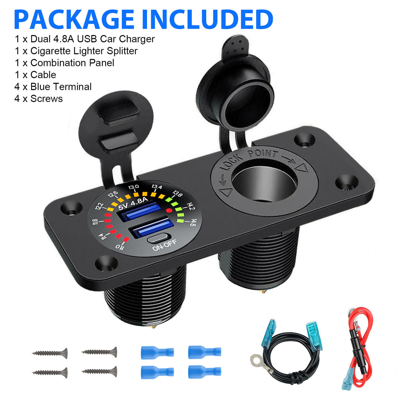 5V/ 4.8A Dual USB Charger Socket with 120W Cigarette Lighter Socket Splitter, Multicolor LED Charger Power Adapter Outlet with On/ Off Button, for 12-24V Car Boat Marine Truck, Waterproof