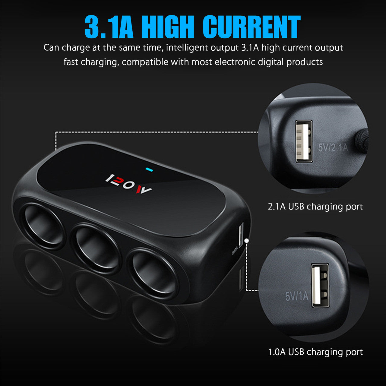 3 Way Car Cigarette Lighter Socket Splitter, 5V/ 3.1A Dual USB Car Charger Adapter 180W Cigarette Lighter Splitter with LED Charging Light, Universal for 12/24V Cars Pickups SUV Vehicles