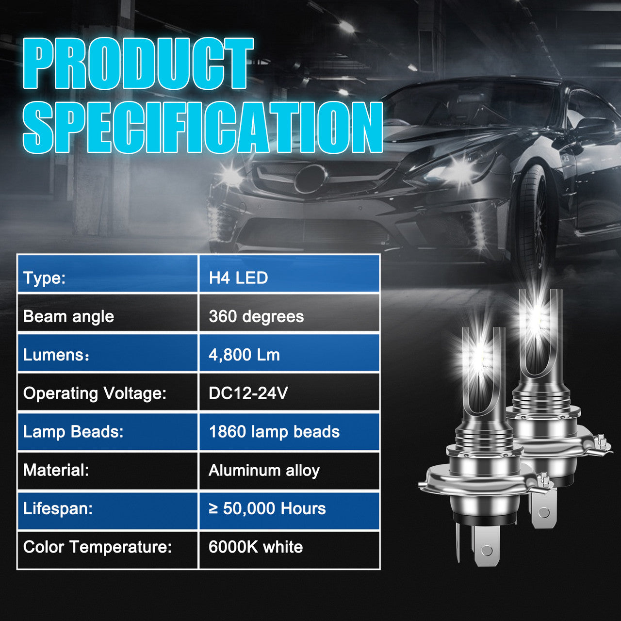 H4/9003/HB2 High Low Beam LED Headlight Bulb Kit 6000K Cool White 80W 2400LM, 2x