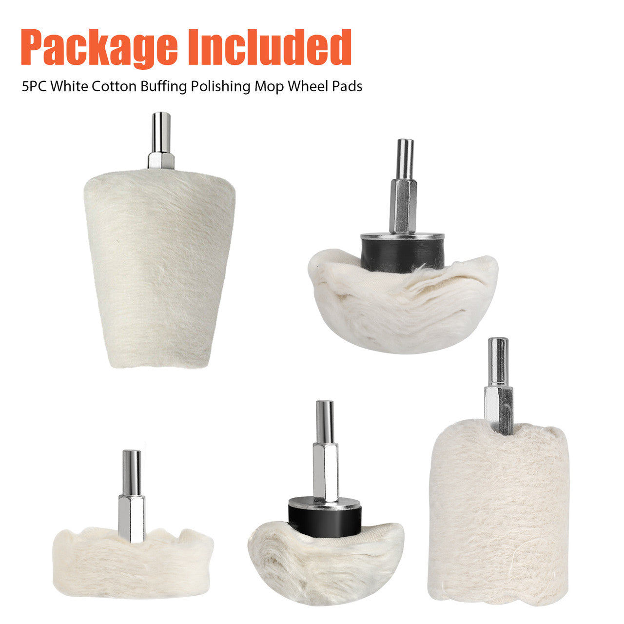 White Cotton Buffing Polishing Mop Wheel Pads Set Kit for Car Auto Vehicle, 5PC