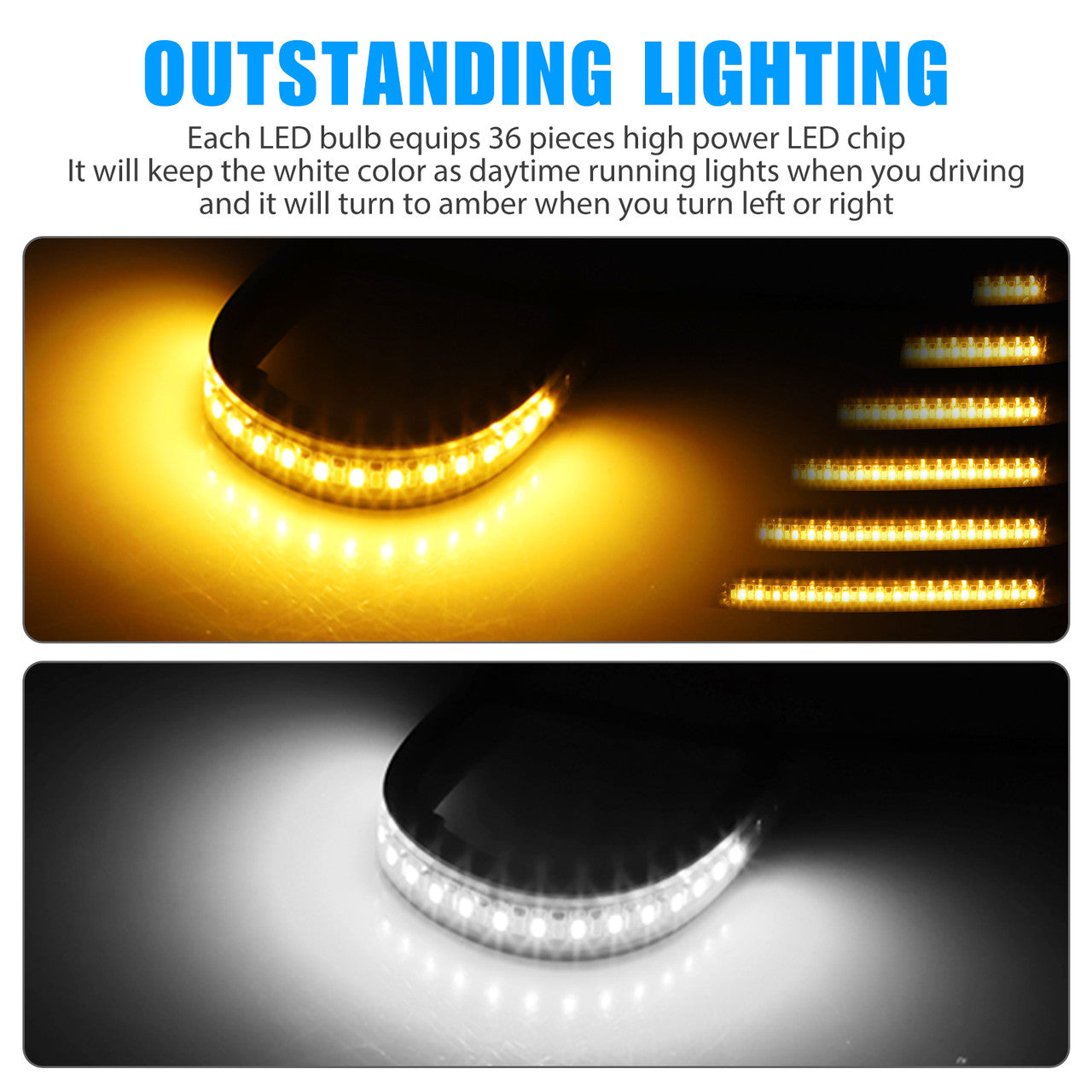 Switchback Amber White LED Fork Turn Signal DRL Light Strips For Motorcycle, 2pcs
