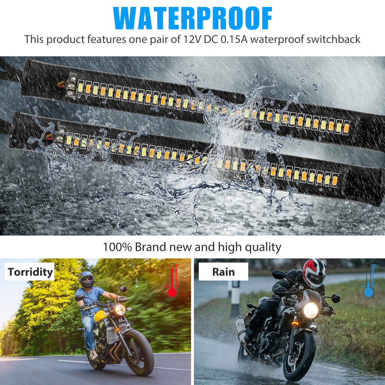 Switchback Amber White LED Fork Turn Signal DRL Light Strips For Motorcycle, 2pcs