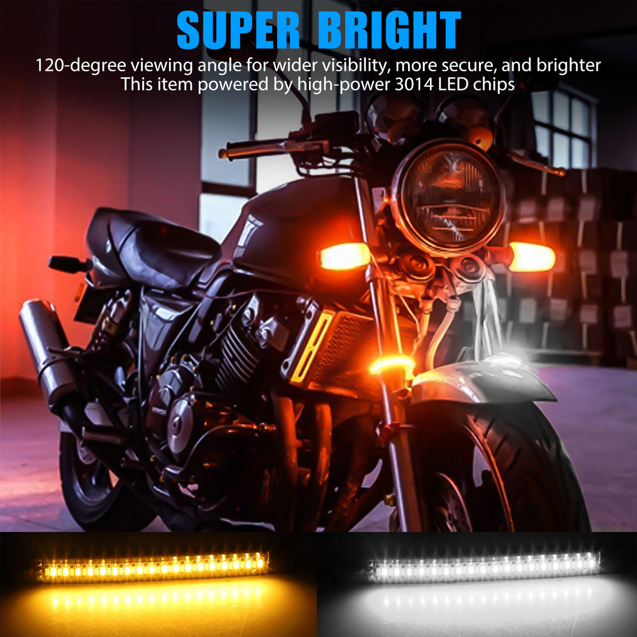 Switchback Amber White LED Fork Turn Signal DRL Light Strips For Motorcycle, 2pcs