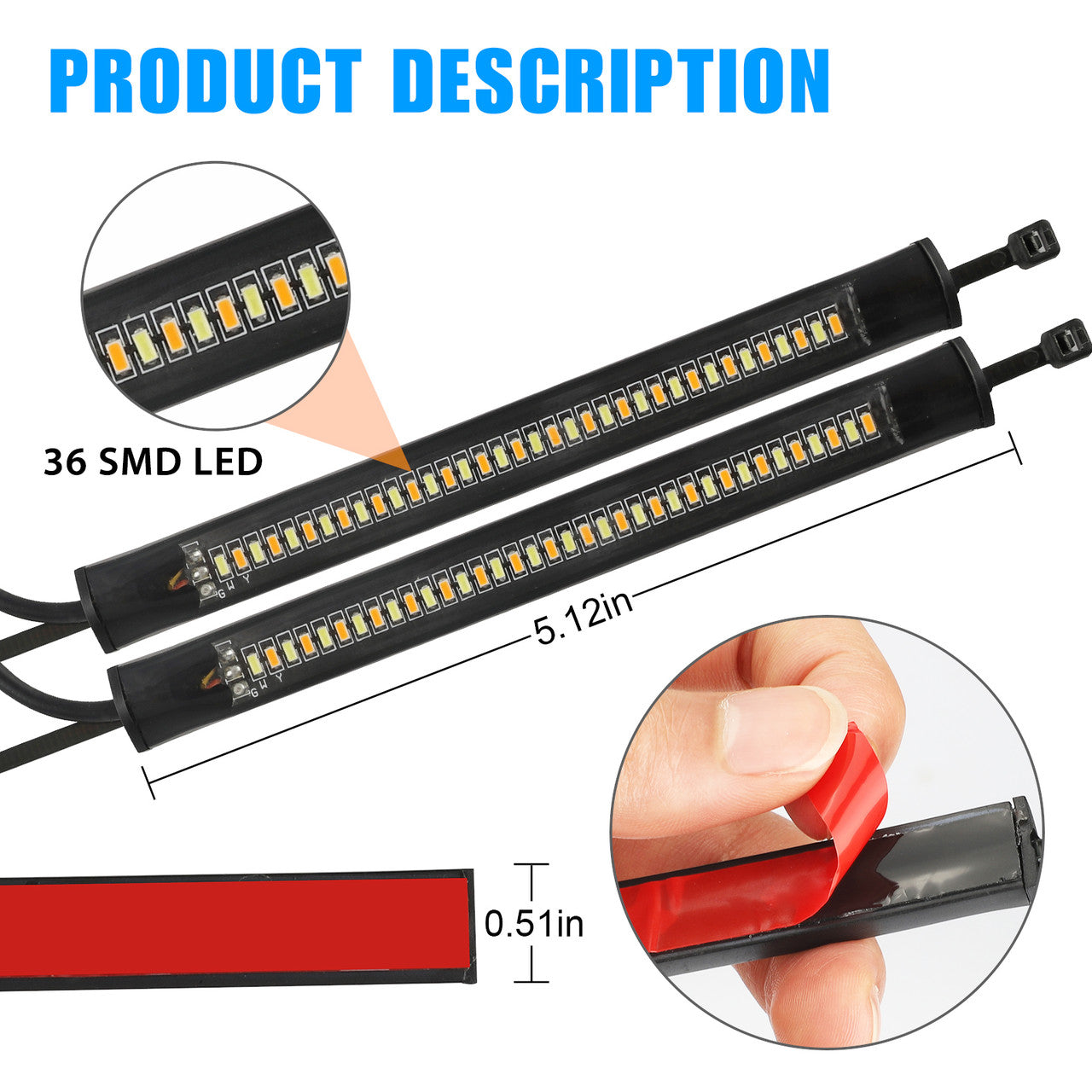 Switchback Amber White LED Fork Turn Signal DRL Light Strips For Motorcycle, 2pcs