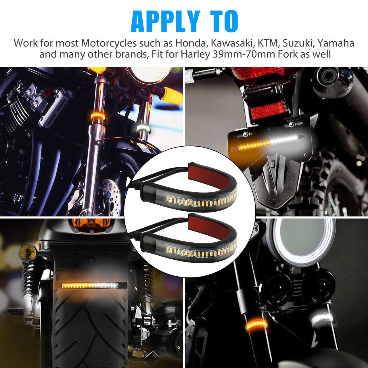 Switchback Amber White LED Fork Turn Signal DRL Light Strips For Motorcycle, 2pcs