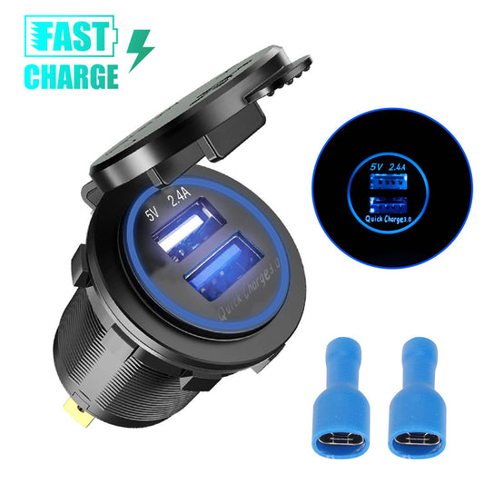 Dual USB Car Fast Charger Charging Socket, Blue