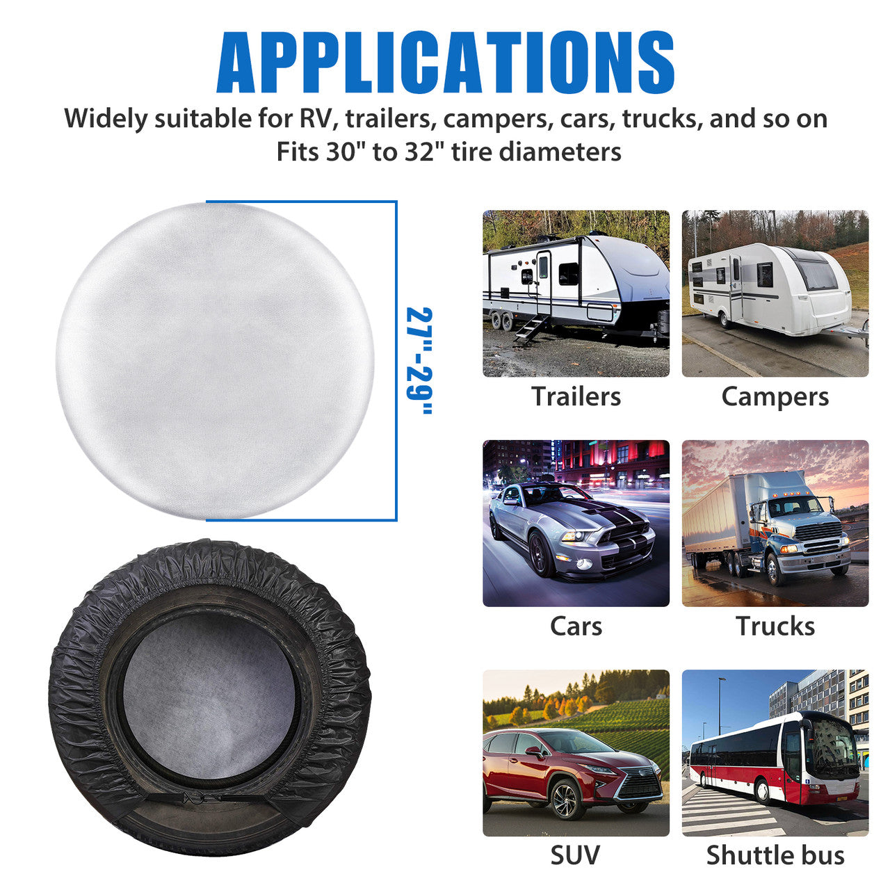 Waterproof Tire Covers for Car, Automotive Vehicle with Hook S, Silver, 4PCS