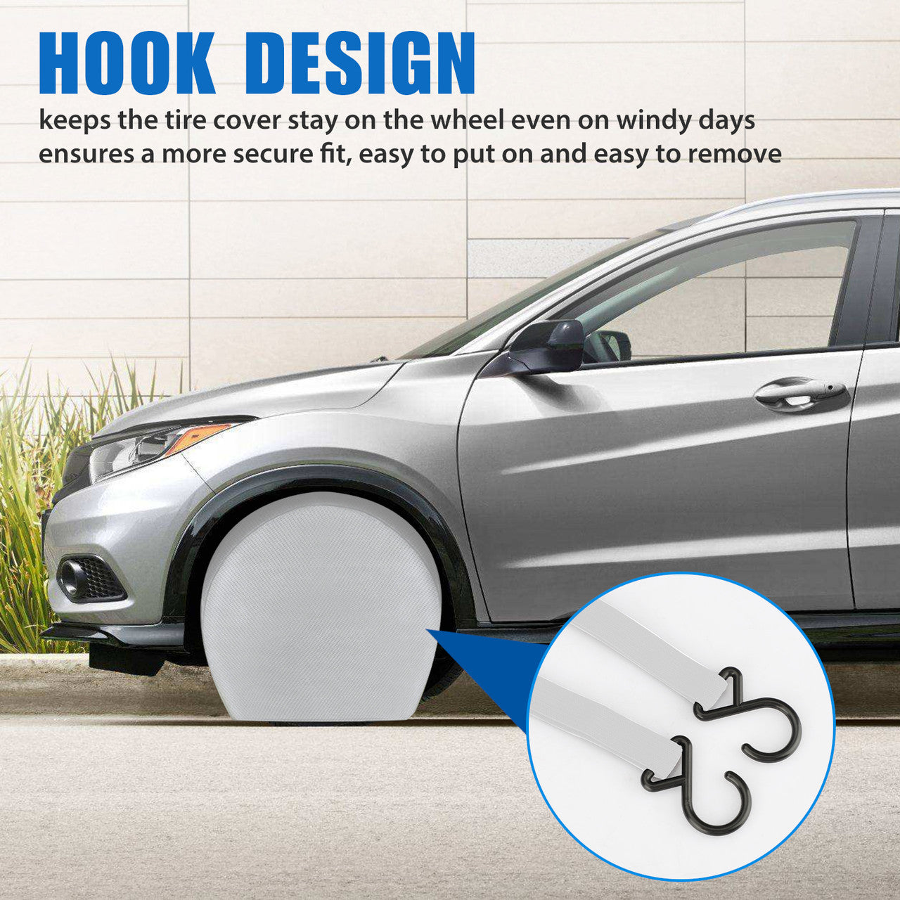 Waterproof Tire Covers for Car, Automotive Vehicle with Hook S, Silver, 4PCS