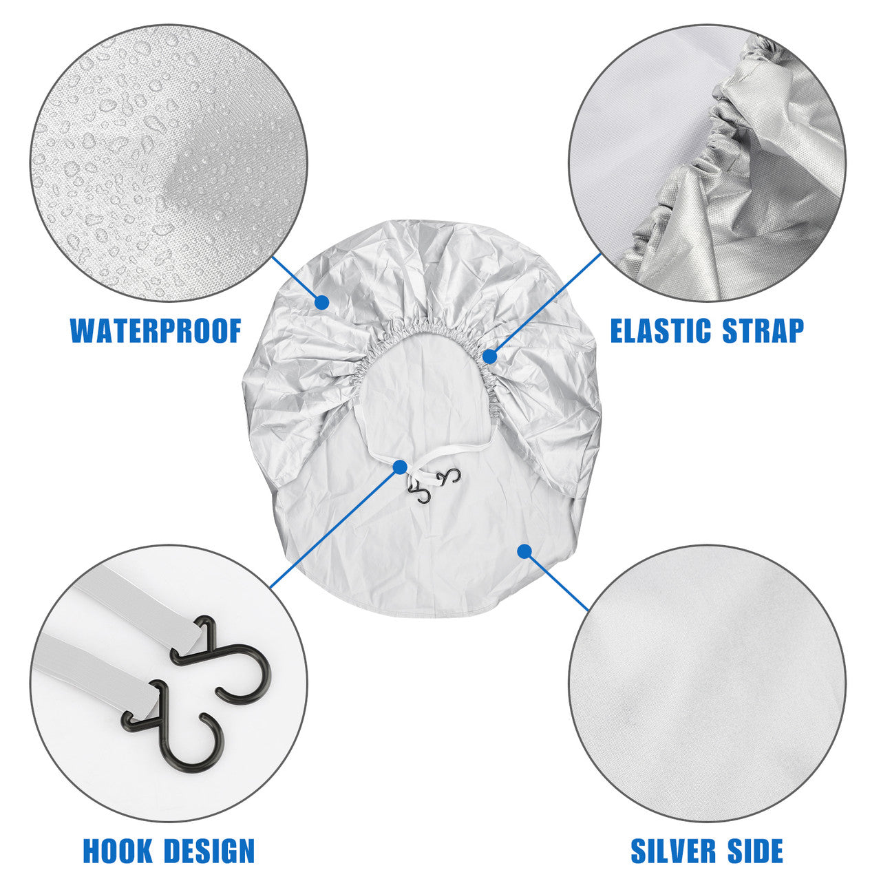 Waterproof Tire Covers for Car, Automotive Vehicle with Hook S, Silver, 4PCS
