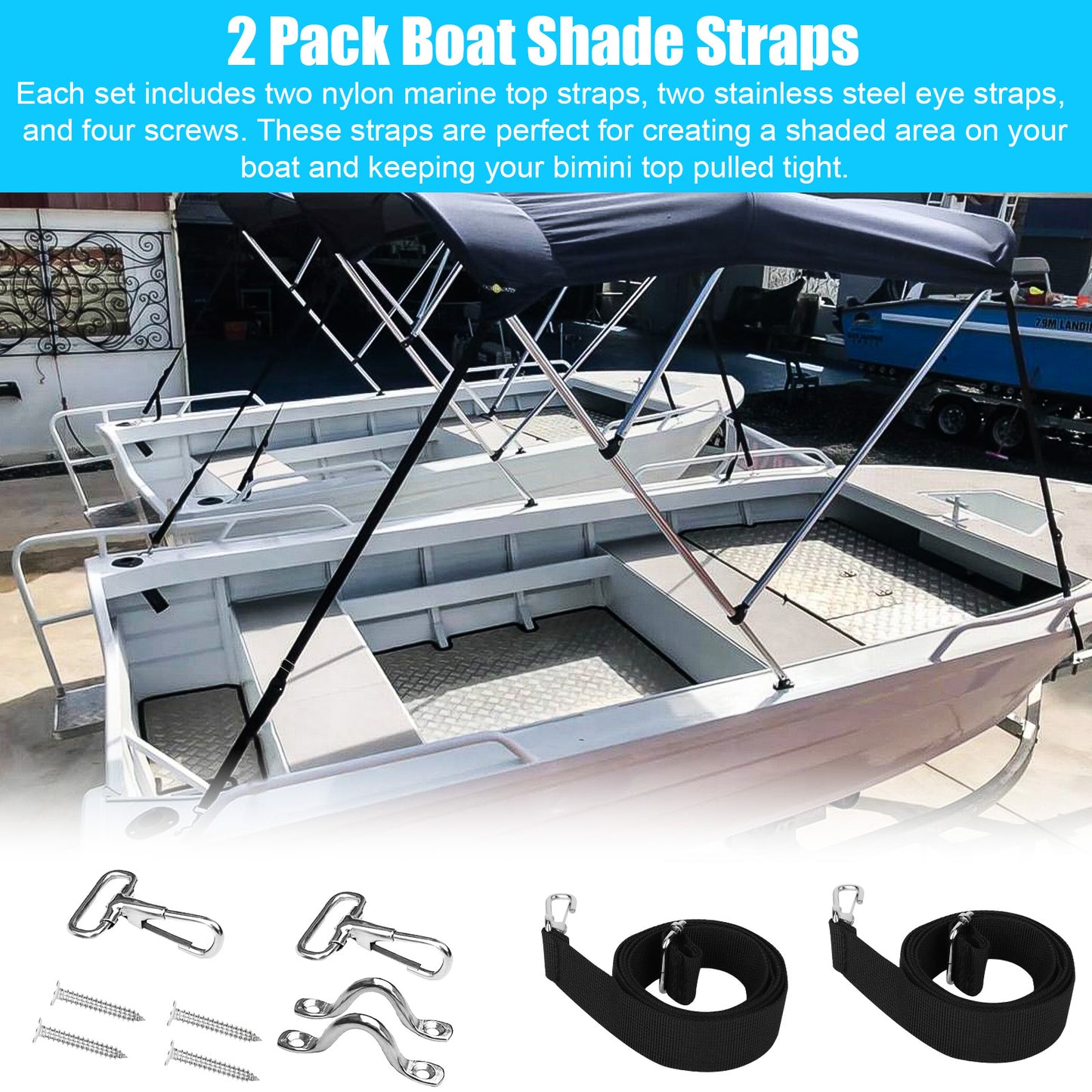 2Pcs Adjustable Bimini Top Straps with Loop Snap Hooks