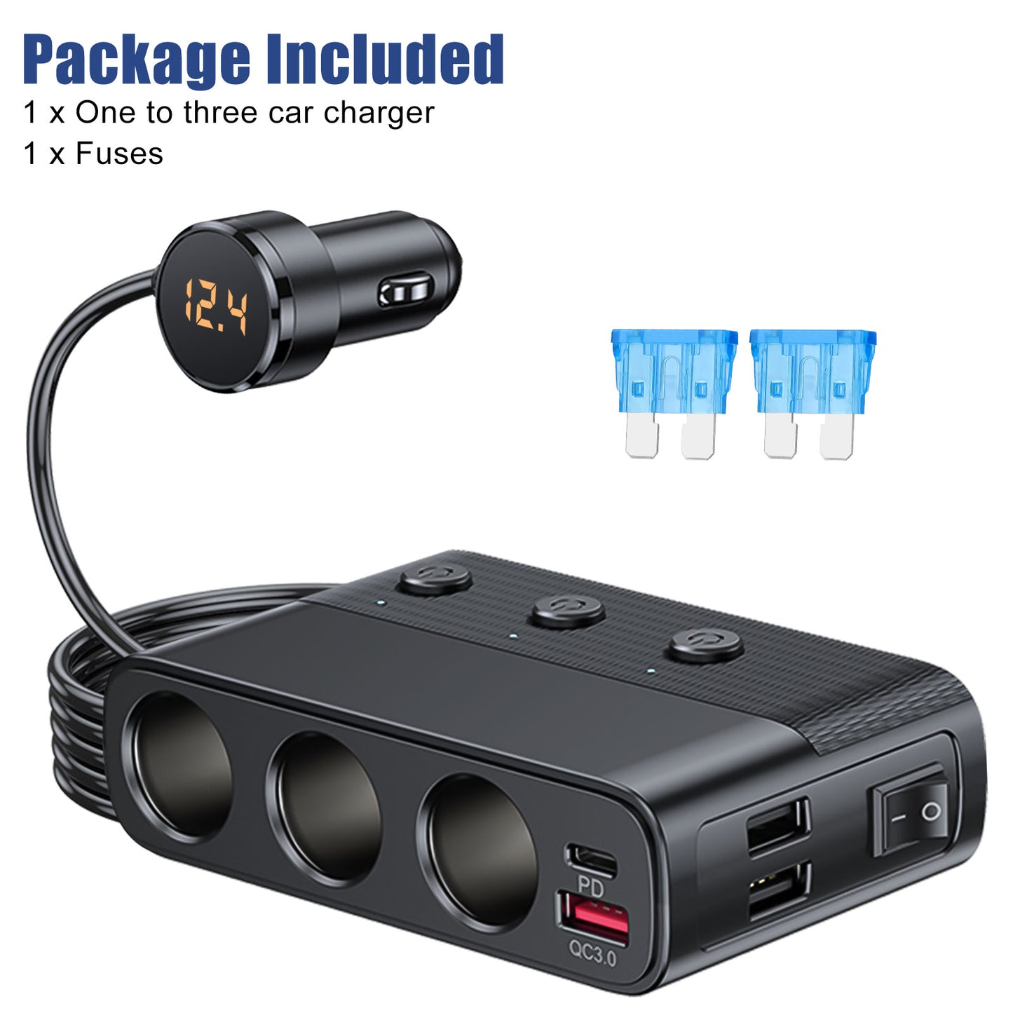 3 Way Car Cigarette Lighter Socket Splitter USB Fast Charger Adapter 12V - Expandable Power Hub