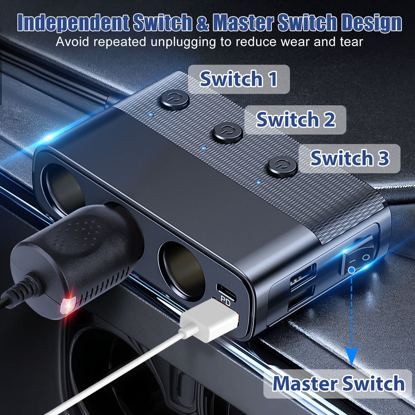 3 Way Car Cigarette Lighter Socket Splitter USB Fast Charger Adapter 12V - Expandable Power Hub