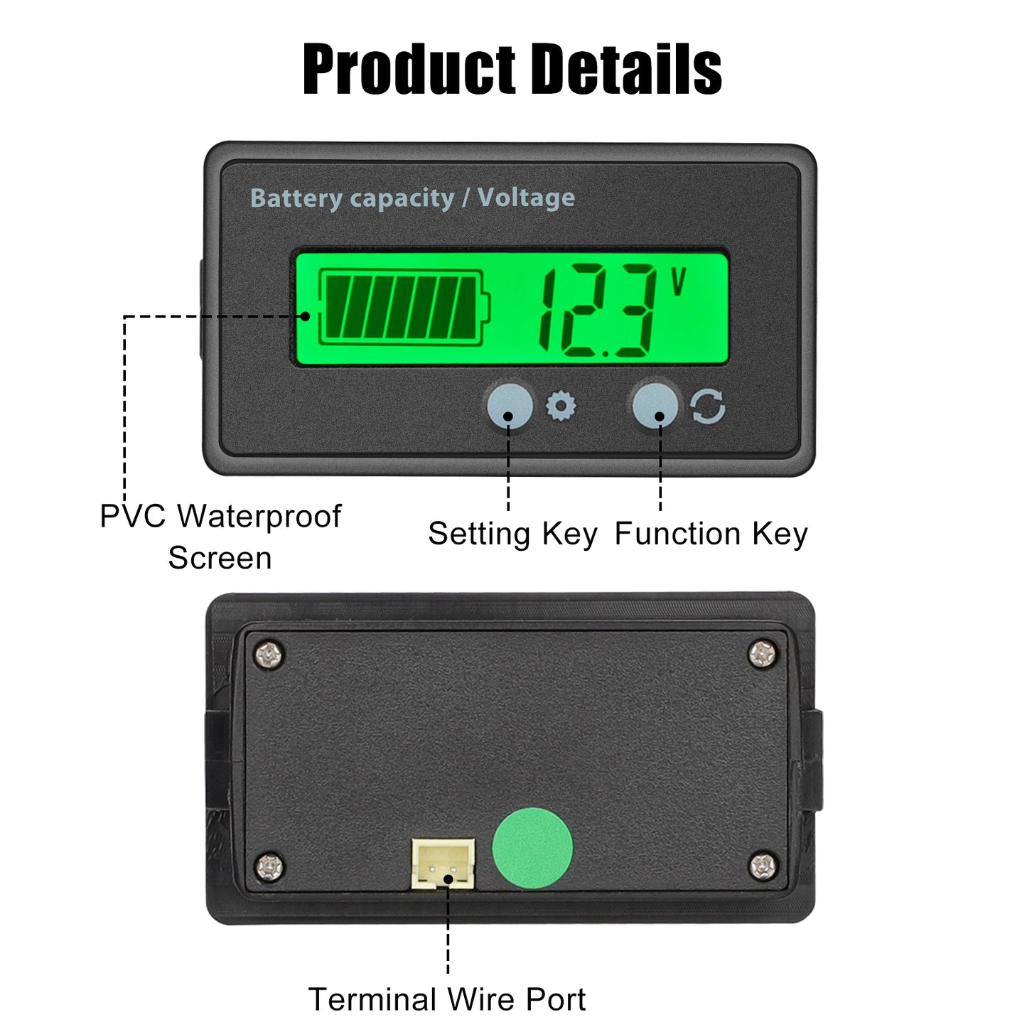 Multi-Voltage Battery Status Monitor Meter, LCD Display, Green Backlit, Waterproof, Versatile Compatibility