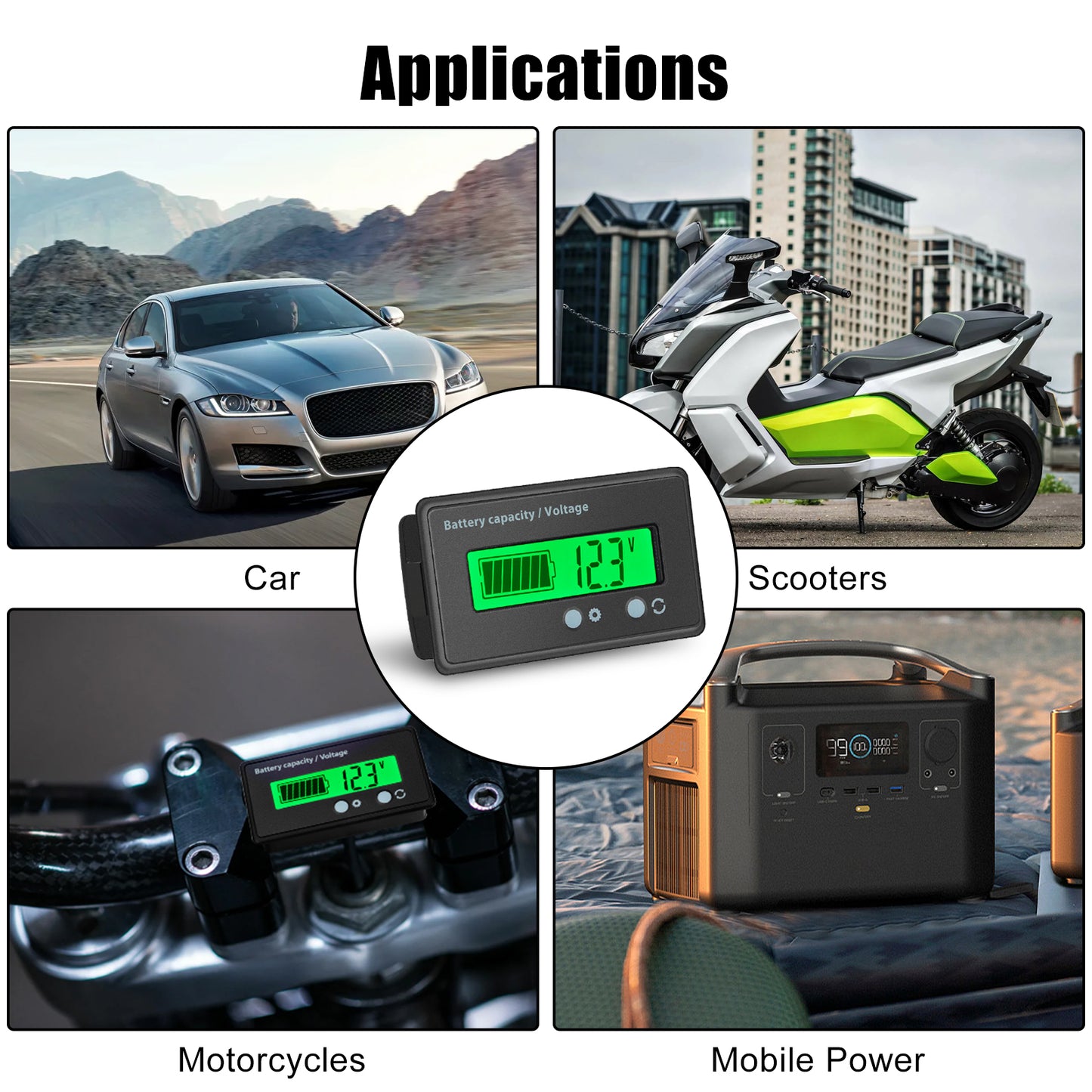 Multi-Voltage Battery Status Monitor Meter, LCD Display, Green Backlit, Waterproof, Versatile Compatibility