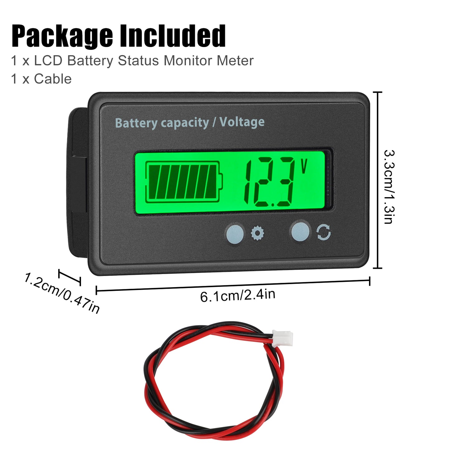 Multi-Voltage Battery Status Monitor Meter, LCD Display, Green Backlit, Waterproof, Versatile Compatibility