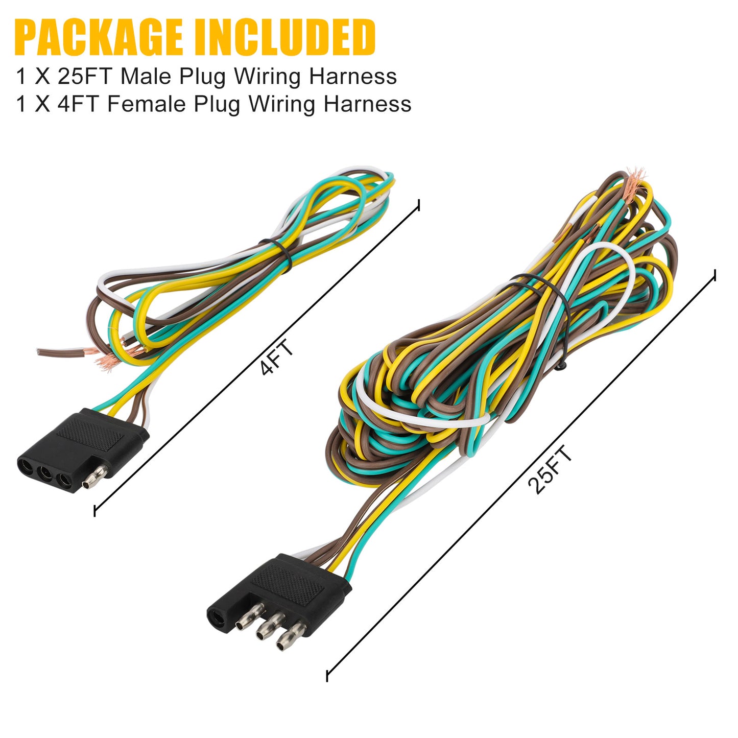 25FT 4 Way Trailer Wiring Connection Kit - 4FT Female Plug Wiring Harness,Wiring Extension Kit for truck Boat Car