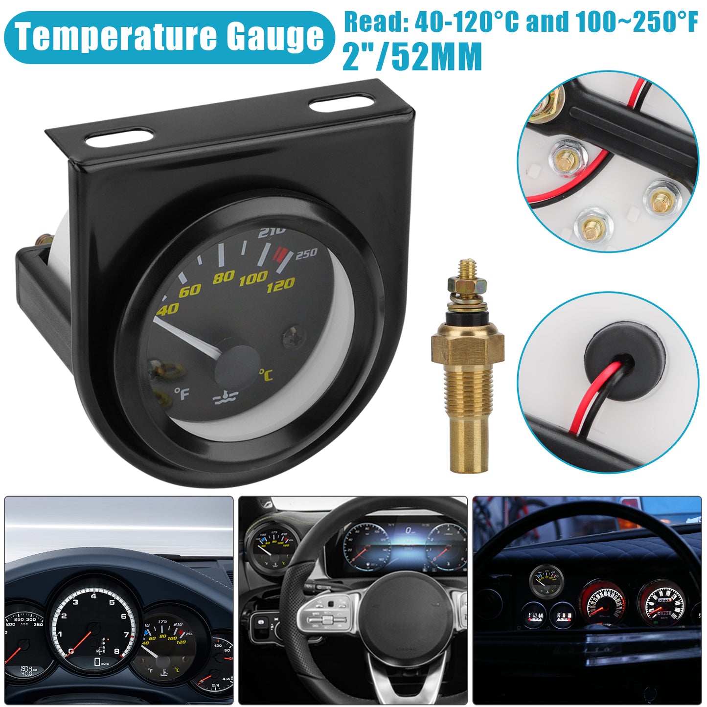 2" 52mm Automotive Water Temperature Gauge 40-120°C / 100-250°F Range,Clear Readings, High Sensitivity, Sensor Included