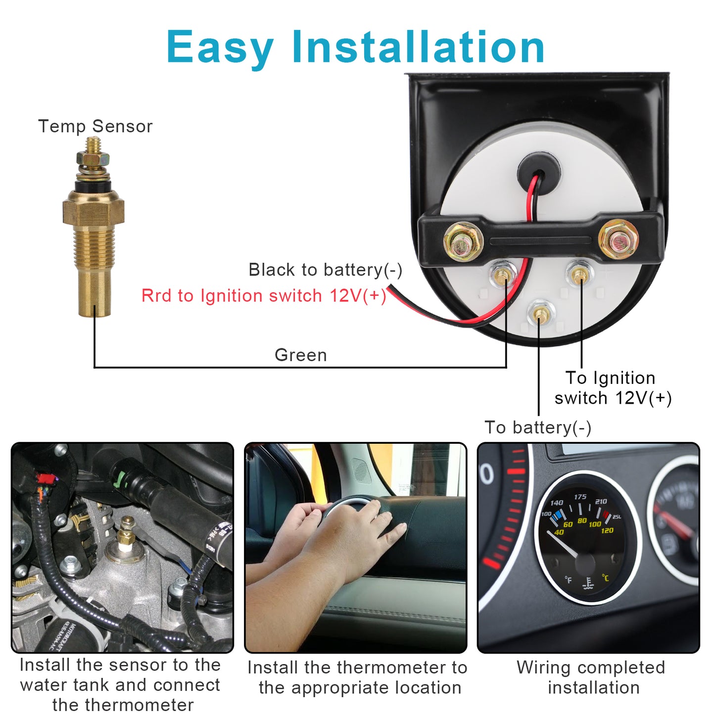 2" 52mm Automotive Water Temperature Gauge 40-120°C / 100-250°F Range,Clear Readings, High Sensitivity, Sensor Included