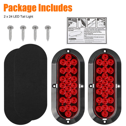 2pcs 6-Inch Red Oval Trailer Lights - 24 LED Stop Turn Tail Lights for for Trucks, trailers, tractors, horse trailers, travel trailers, dump Trucks, special vehicles, etc