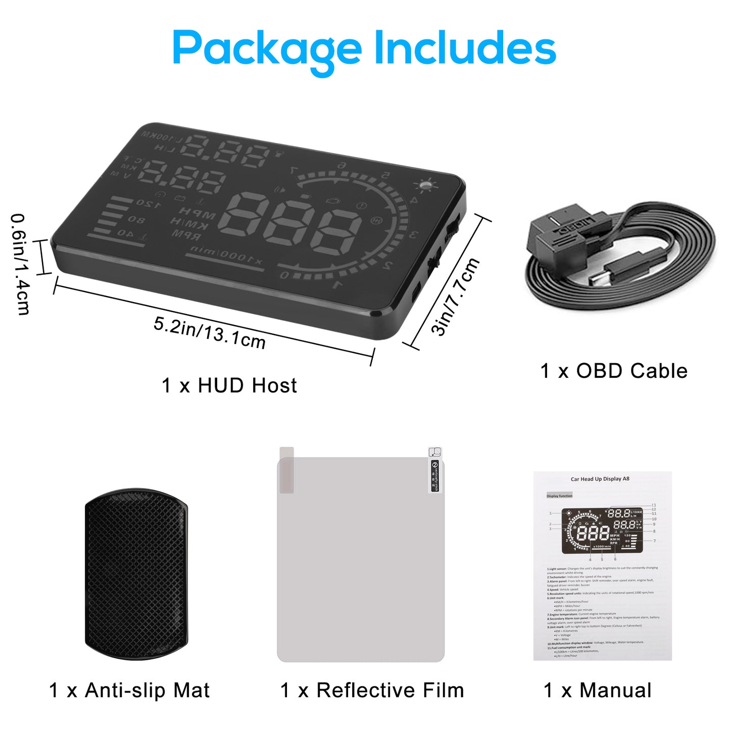 A8 HUD Display OBD2 5.5" Dash Screen Projector - Auto Gauge RPM MPH/KM Speedometer Overspeed Warning Fuel Consumption Windshield Display Multiple-Color Bright for Car Truck (Black)