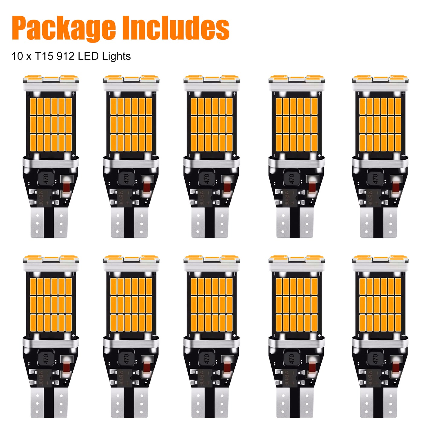 10pcs High-Brightness T15 Car Turn Signal Bulb - 4014 chips,45 SMD LED,1200 Lumens, Easy Plug-and-Play,Enhance Safety for Backup and Reversing Lights,Compatible with 912, 921, T15, W16W(Amber)
