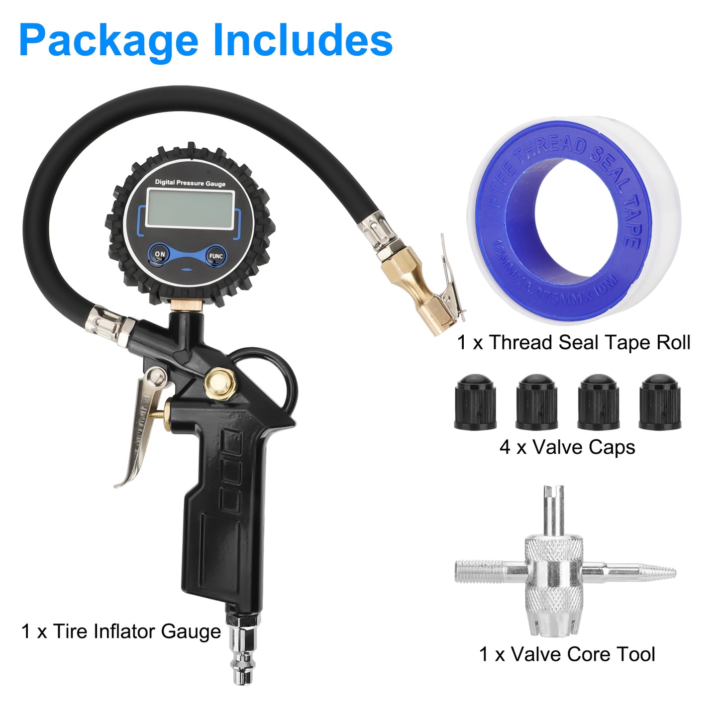 Digital Tire Inflator Pressure Gauge - 0-250 PSI Air Chuck & Compressor Accessories Heavy Duty with Quick Connect Coupler, for various vehicles—cars, trucks, motorcycles, SUVs, off-road vehicles, RVs, trailers, and more.