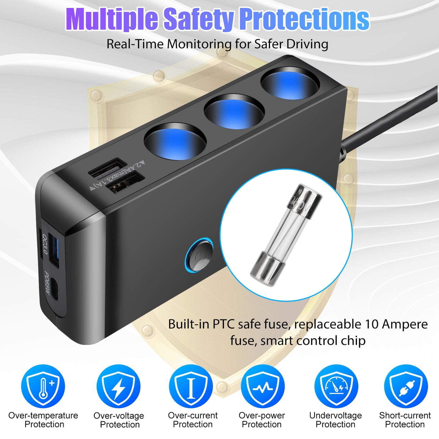 7-in-1 3 Way Cigarette Lighter Socket Splitter Power Adapter - LED Display Voltage 120W 12V/24V 3 USB +PD Car Charger Outlet for GPS Dash Cam Phone (Black)