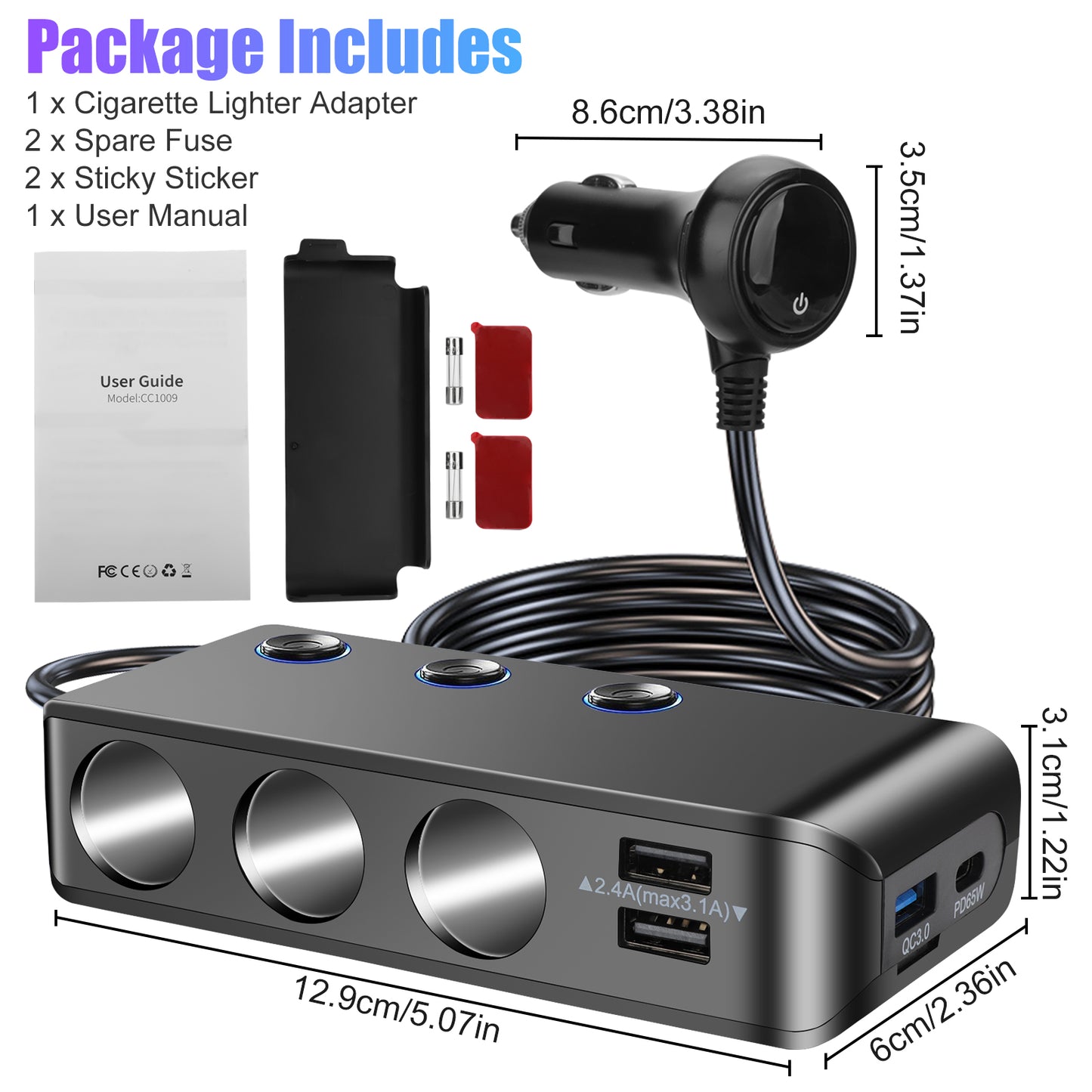 7-in-1 3 Way Cigarette Lighter Socket Splitter Power Adapter - LED Display Voltage 120W 12V/24V 3 USB +PD Car Charger Outlet for GPS Dash Cam Phone (Black)