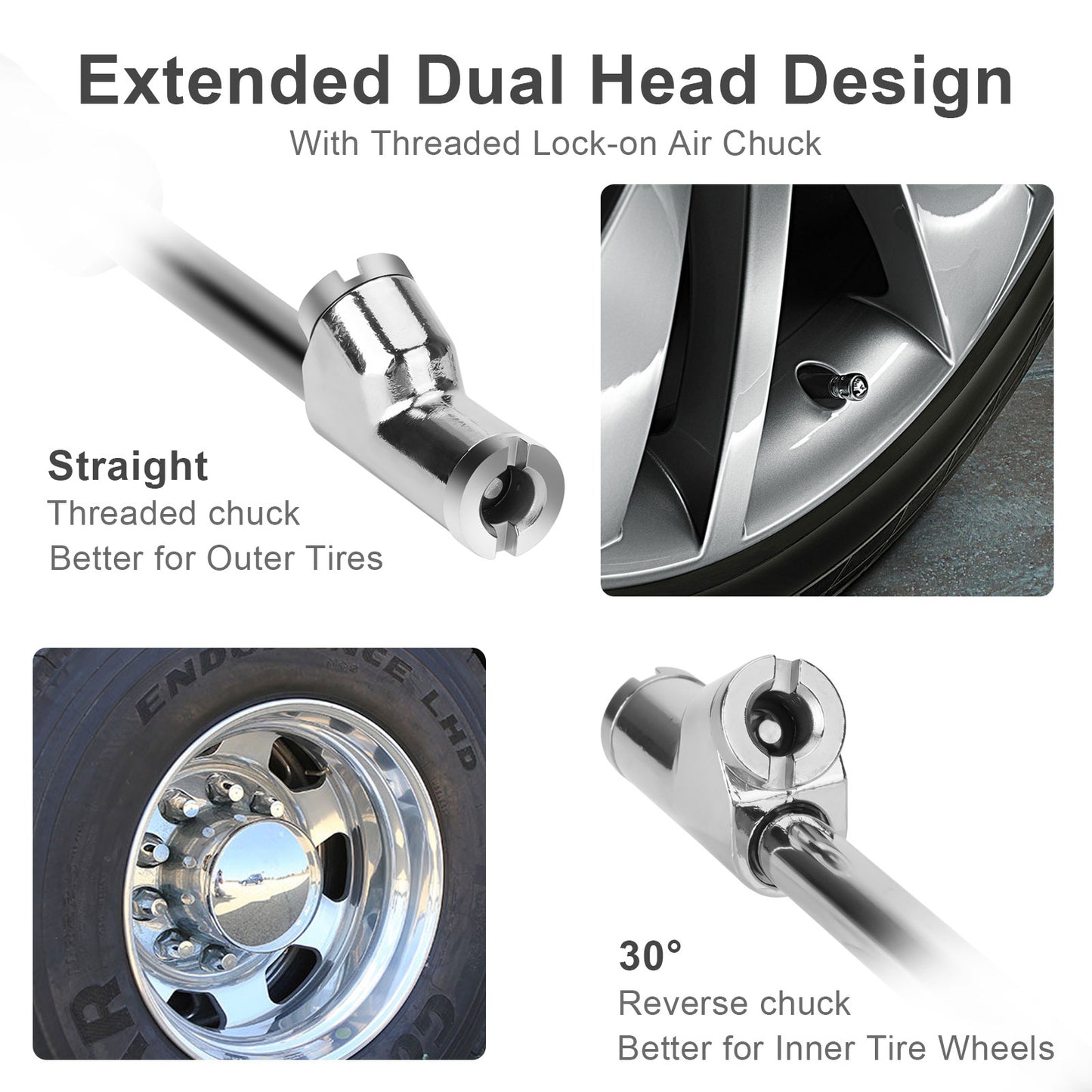 1/4" FNPT Extended Reach Dual Head Air Chuck - 9" Extended Air Chuck with Rubber Handle,2-Way Connection,with Quick Plug for Semi, RV, Truck Dually Tires