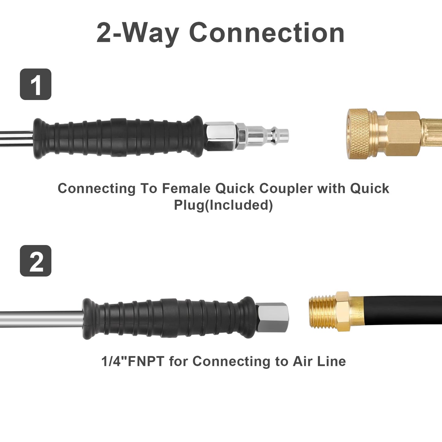 1/4" FNPT Extended Reach Dual Head Air Chuck - 9" Extended Air Chuck with Rubber Handle,2-Way Connection,with Quick Plug for Semi, RV, Truck Dually Tires