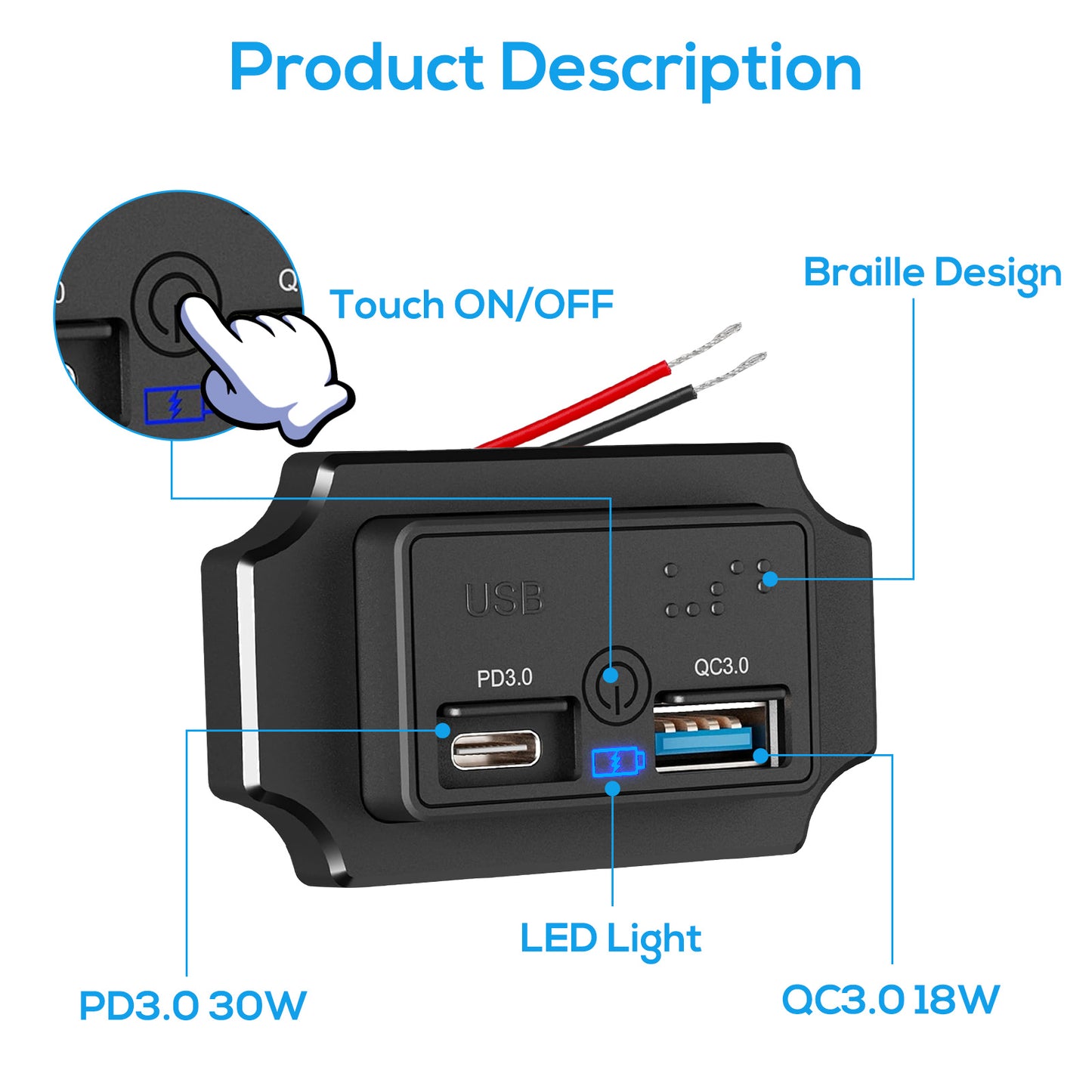 2 PCS Dual PD & QC USB Car Charger - Quick Charge 3.0 & PD 3.0 48W USB-A Port Panel Mount with Braille Touch Key for Vehicles (Black)