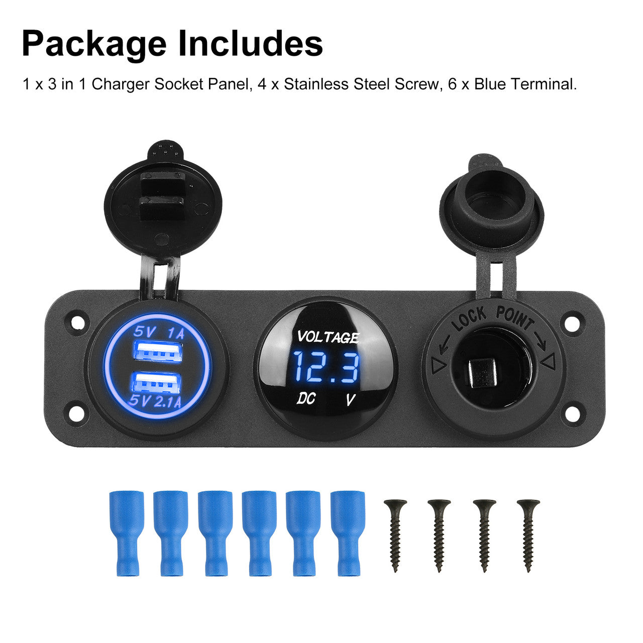 3 in 1 Charger Socket Panel, 12V Dual USB Car Socket Charger Socket Power Outlet & LED Digital Voltmeter & Cigarette Lighter Socket Splitter Adapter for Truck Car Marine Boat RV