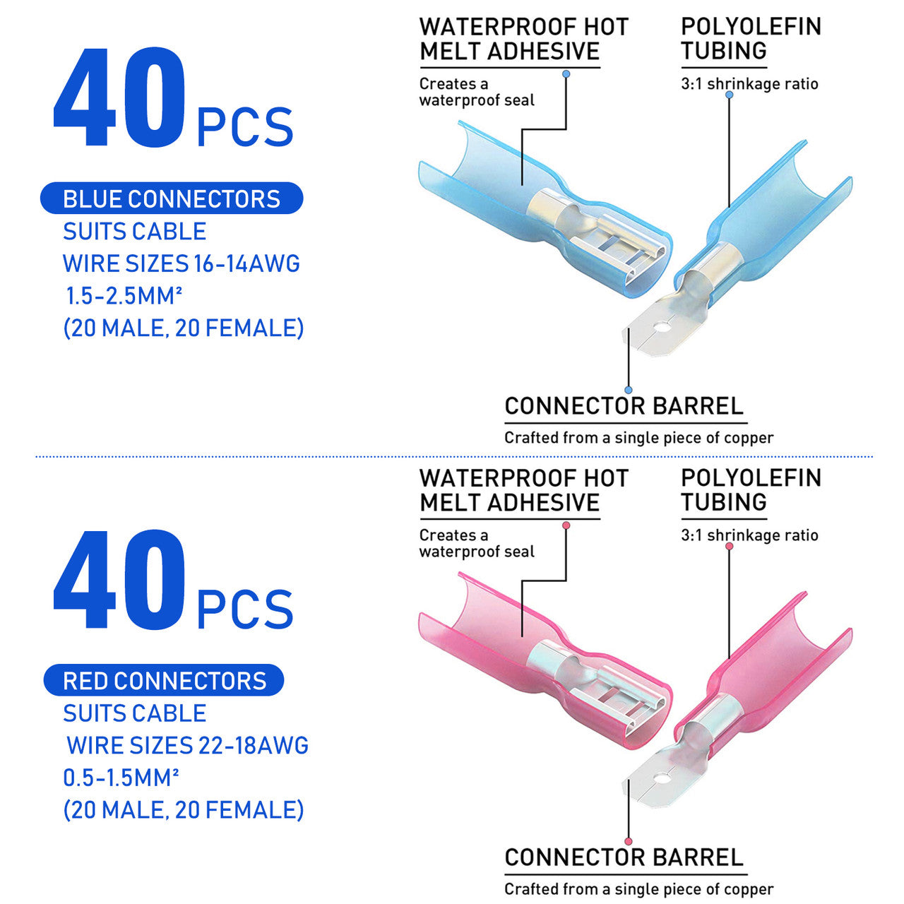 Solder Seal Wire Connectors, Heat Shrink Butt Connector Waterproof Insulated Electrical Butt Terminals Wire Splice for Automotive Marine Automotive Outdoor, 100PCS