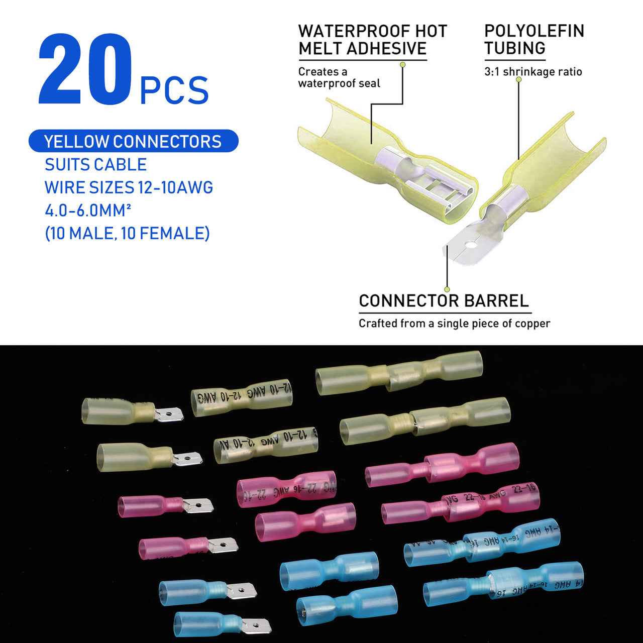 Solder Seal Wire Connectors, Heat Shrink Butt Connector Waterproof Insulated Electrical Butt Terminals Wire Splice for Automotive Marine Automotive Outdoor, 100PCS