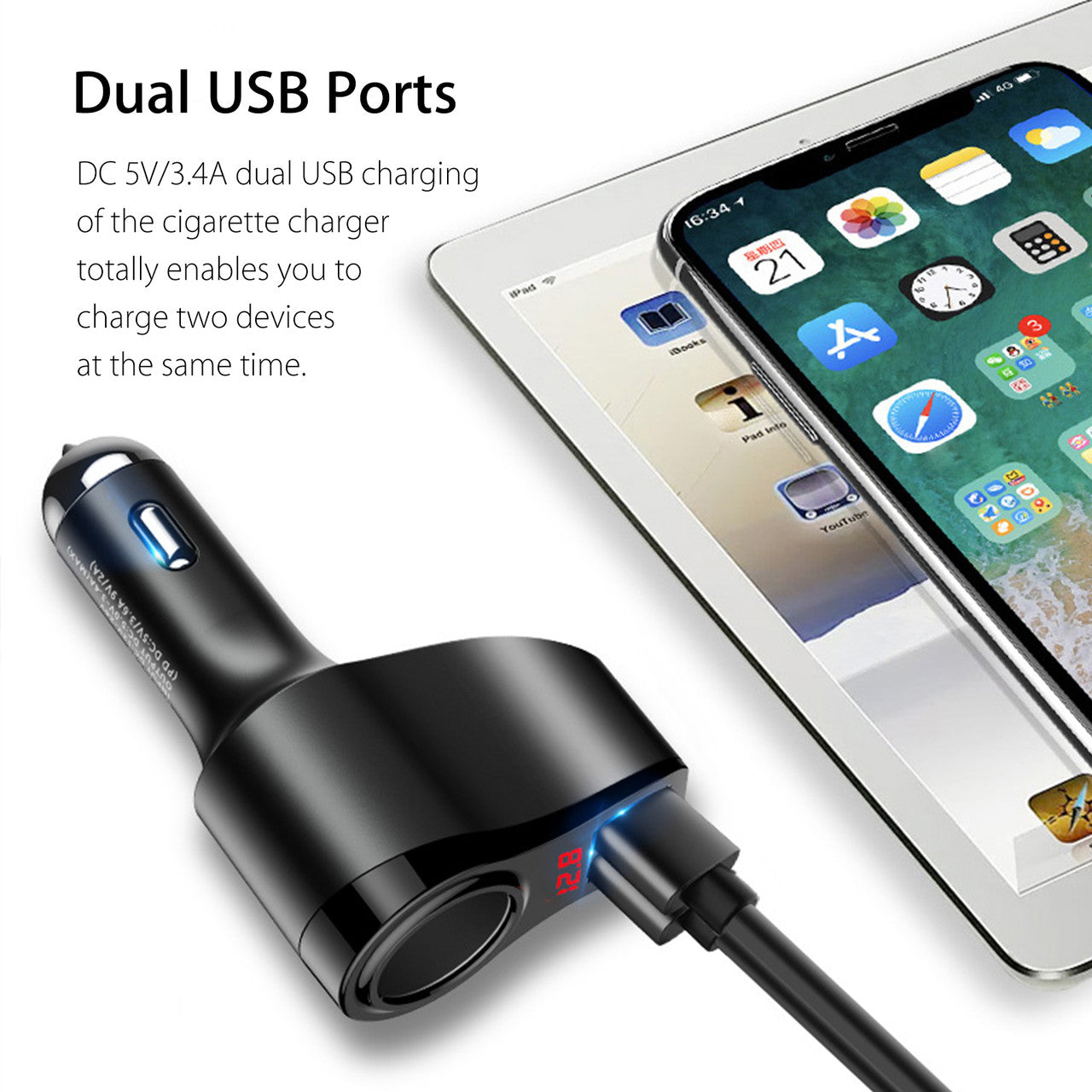 Car Charger Adapter Cigarette Lighter Socket Splitter 12V/24V, Dual USB Charge 5V 3.4A with Real-Time Voltage Display or 2 USB DC 5V/3.4A with Type C PD Fast Charger for Macbook Samsung