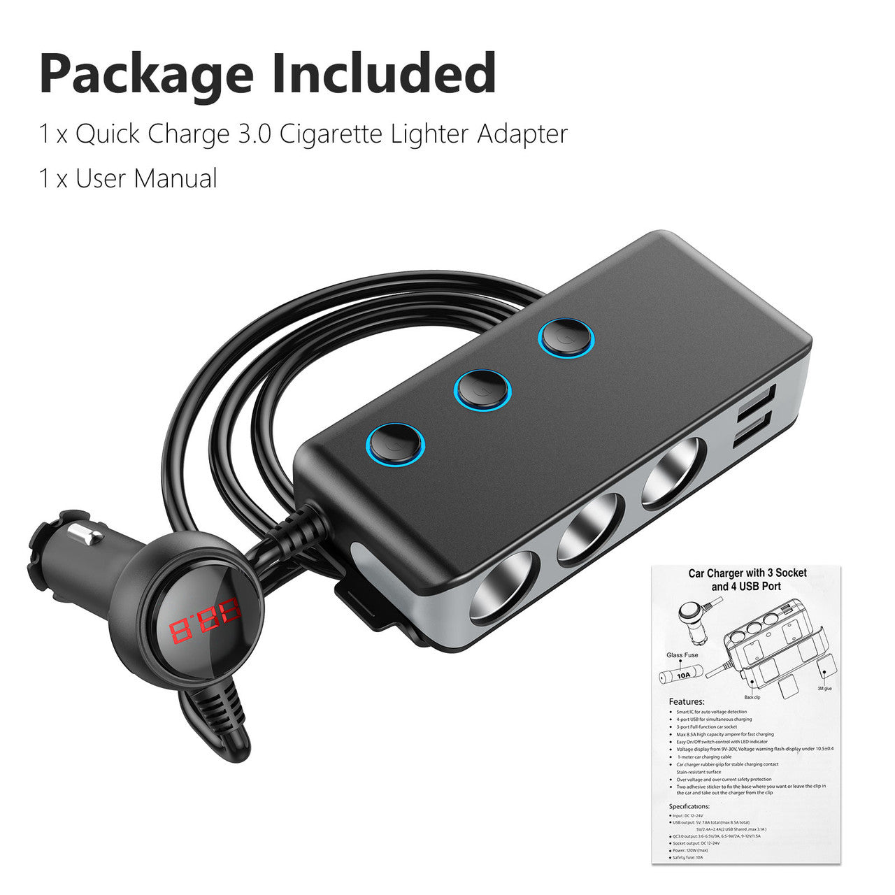 Quick Charge 3.0 12V/24V Car Power Outlet Splitter Multi Port USB Charger Compatible w/GPS, Dash Cam, Phone, Android, iPad, Tablet, Gray