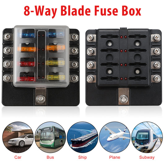 8-ways Blade Fuse Box Fuses Screws Set for Automotive Car Marine Boat, Heat and Flame Resistant Blade Fuse Block, LED Indicator, Name Labels
