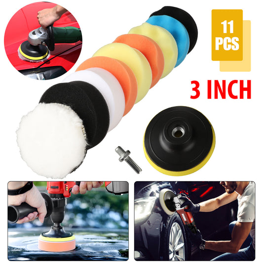 3"/80mm Compound Drill Buffing Sponge Pads Kit for Car Sanding, Polishing, Waxing, Sealing Glaze (9 Polishing Pads+1 Woolen Buffer+1 Thread Drill Adapter with Shank), 11pcs