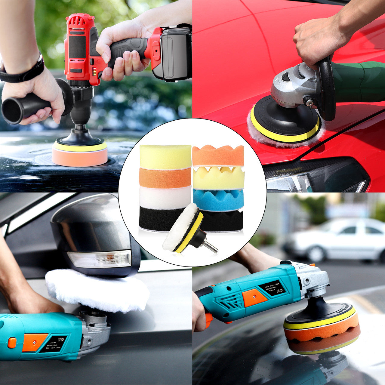 3"/80mm Compound Drill Buffing Sponge Pads Kit for Car Sanding, Polishing, Waxing, Sealing Glaze (9 Polishing Pads+1 Woolen Buffer+1 Thread Drill Adapter with Shank), 11pcs
