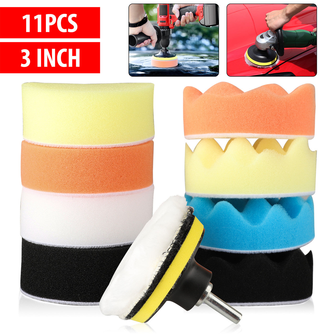 3"/80mm Compound Drill Buffing Sponge Pads Kit for Car Sanding, Polishing, Waxing, Sealing Glaze (9 Polishing Pads+1 Woolen Buffer+1 Thread Drill Adapter with Shank), 11pcs