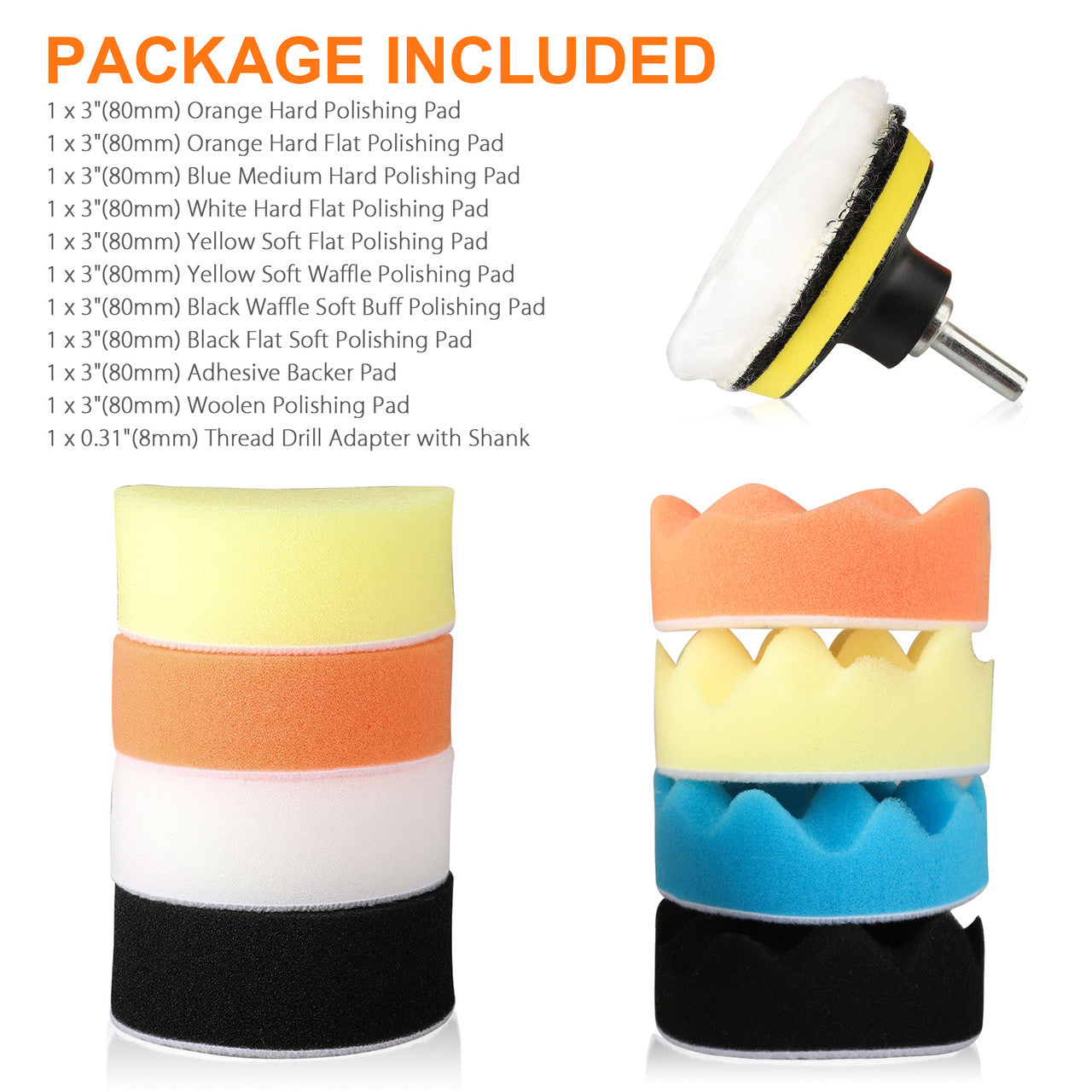 3"/80mm Compound Drill Buffing Sponge Pads Kit for Car Sanding, Polishing, Waxing, Sealing Glaze (9 Polishing Pads+1 Woolen Buffer+1 Thread Drill Adapter with Shank), 11pcs
