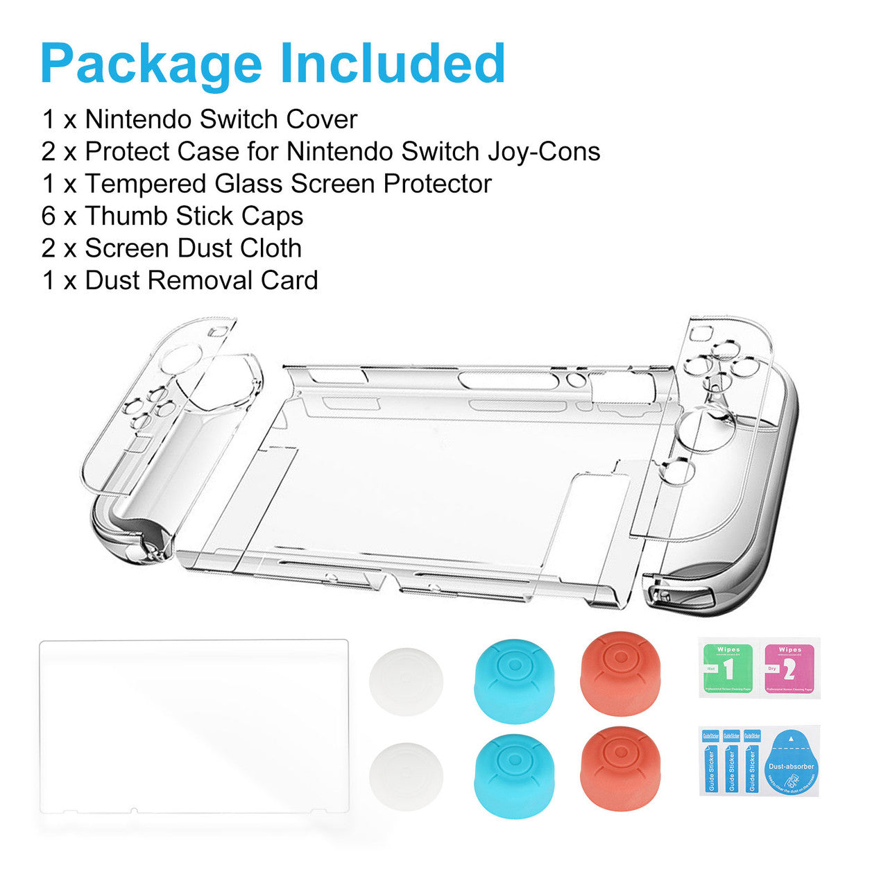Clear Cover Case for Nintendo Switch, Dockable Protective Case + Glass Screen Protector + 8 Thumb Grip Cover Caps Accessories Fit for Nintendo Switch and Joy-Con, Anti-scratch Switch Accessories Kit