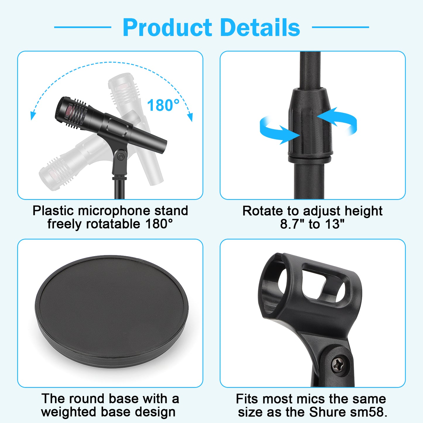 Adjustable Desktop Microphone Stand - Stable Weighted Base, Screw-In Style, Universal Mic Clip, Black