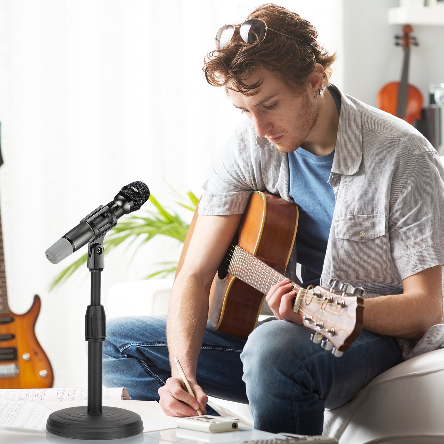 Adjustable Desktop Microphone Stand - Stable Weighted Base, Screw-In Style, Universal Mic Clip, Black