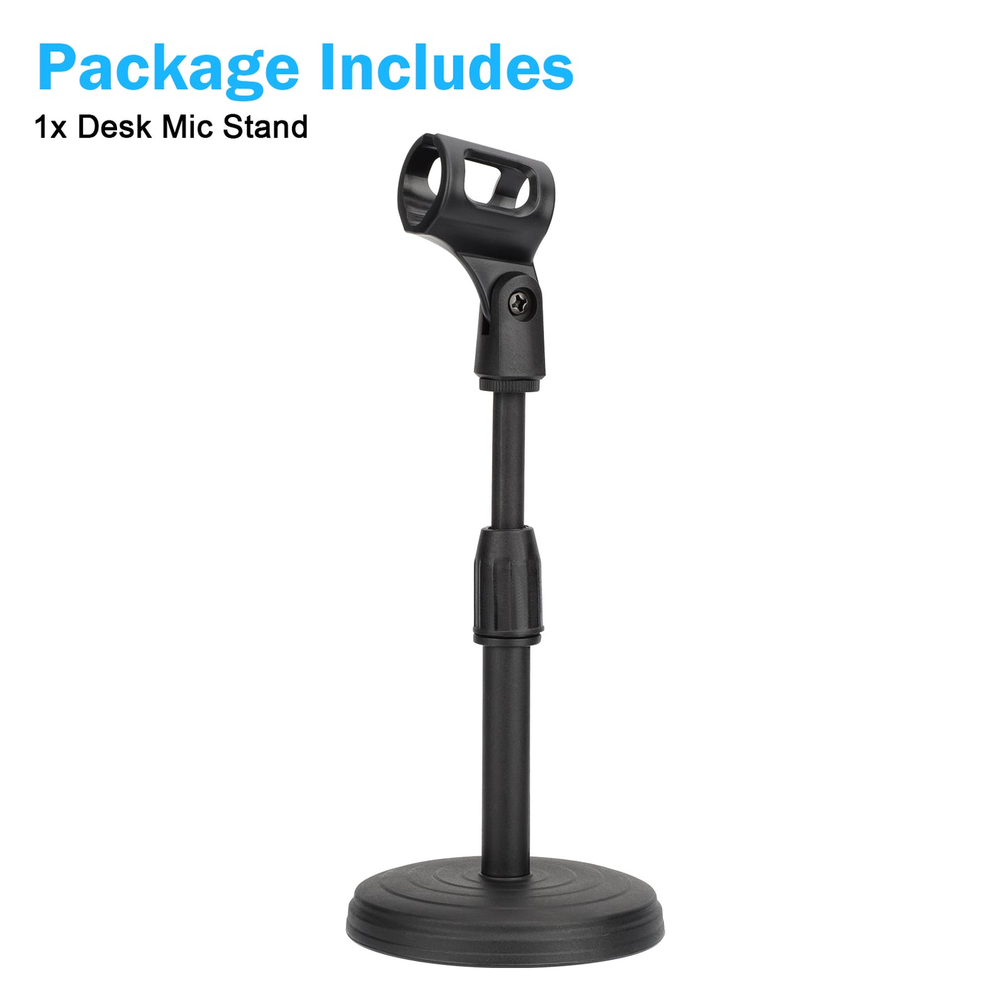 Adjustable Desktop Microphone Stand - Stable Weighted Base, Screw-In Style, Universal Mic Clip, Black