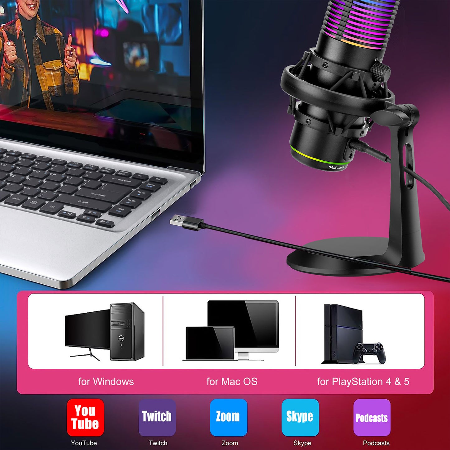 Professional RGB USB Condenser Gaming Microphone - High-quality condenser microphone W/Touch-sensitive light switch with various lighting modes